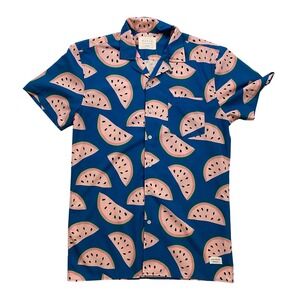 DUVIN DESIGN COMPANY Mens Watermelon Print Button Up Shirt  Blue Small‎